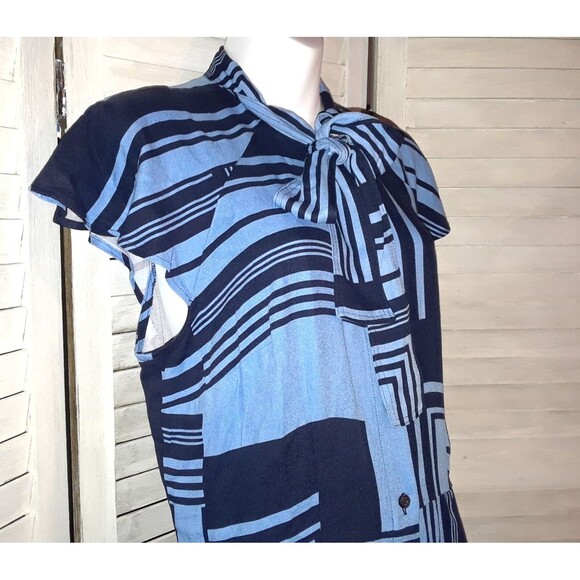 Liz Claiborne Dress Size 10P Cap Sleeve Blue Geometric MIDI Button Down - Picture 3 of 9